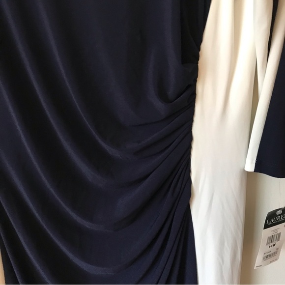 Lauren by Ralph Lauren side ruched, colour blocked, stretchy, flattering dress. - Picture 4 of 9